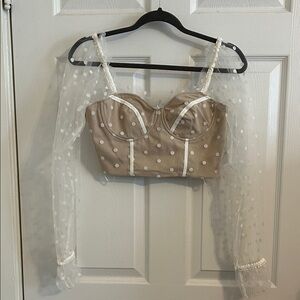 Hello Molly Corset Top w/ Sheer Long Sleeves Polka Dot Sz Medium Collared Shirt
